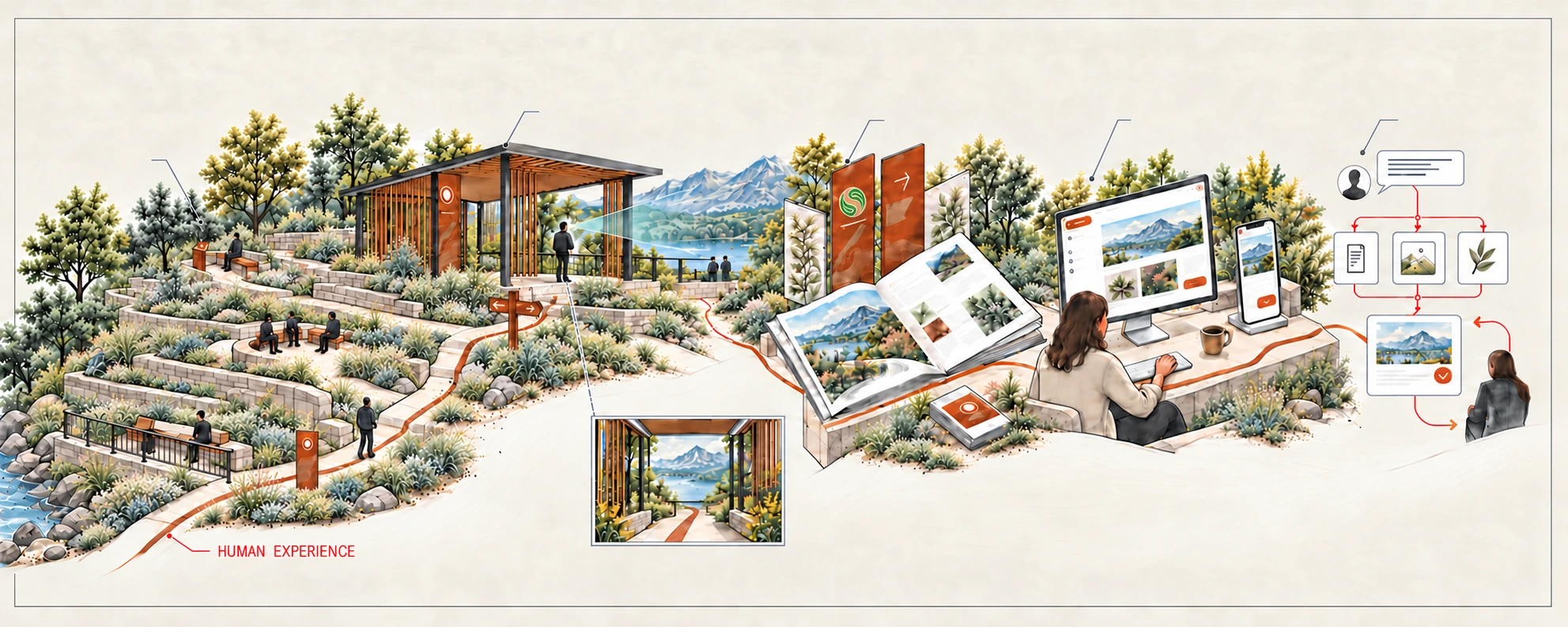 Connected design concept study: terraced landscape with gathering seats, a slim lower-terrace railing, and rust-colored wayfinding markers; a timber-slat overlook portal matching its eye-level inset and framing one view cone; environmental graphics, print, desktop and phone interfaces, and human-reviewed AI; the circular Synergy Design Works mark connects the study branding.