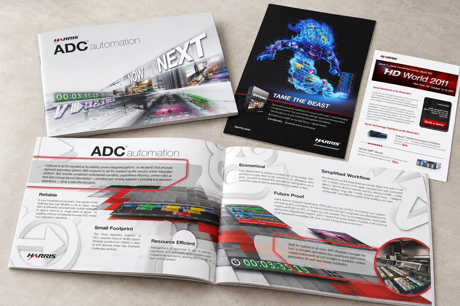 Harris ADC automation literature cover with a layered broadcast imagery composition