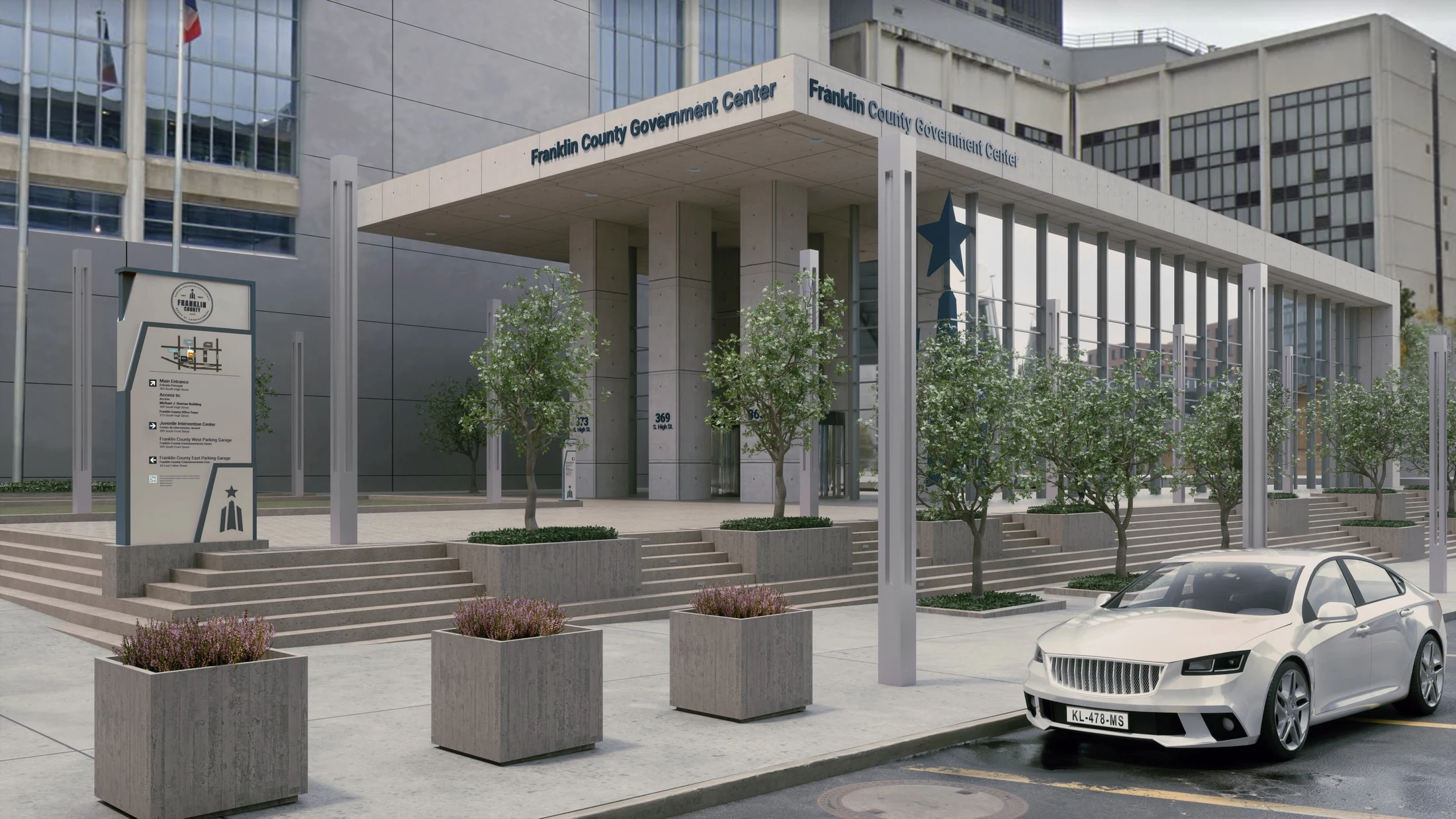Nighttime civic gateway concept with illuminated signage, a canopy, and a planted arrival area