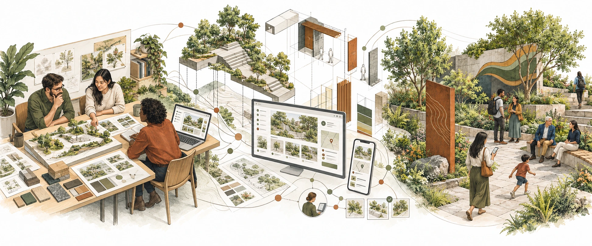 Editorial concept illustration connecting collaborative design review, landscape and architectural models, print layouts, desktop and phone interfaces, human-reviewed AI exploration, and people gathering in a planted courtyard.