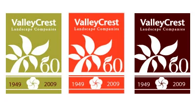 Three ValleyCrest 60th anniversary identity studies in green, red, and dark red