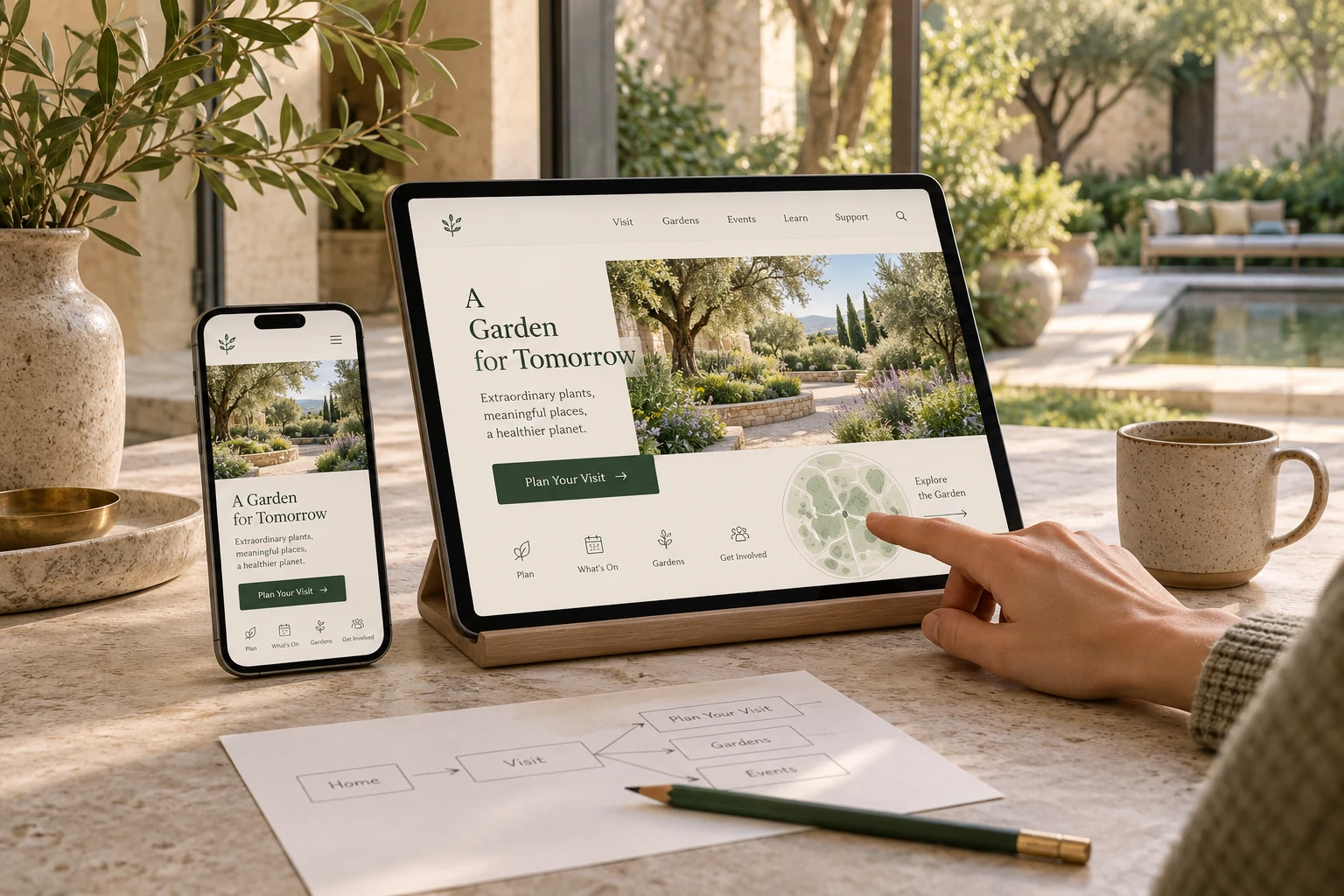 Photoreal concept of coordinated tablet and phone interfaces for exploring a public garden, with a paper user-flow sketch beside them.
