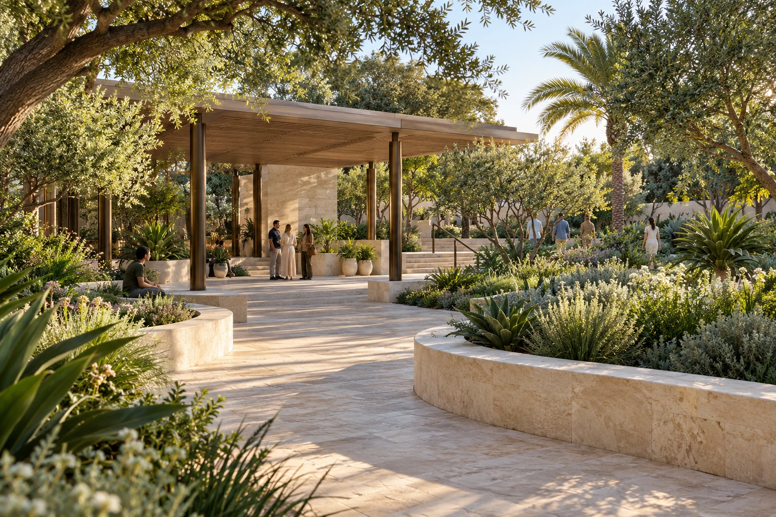 Photoreal concept of a planted public courtyard with a timber pavilion, pale stone seating, and people using the space.