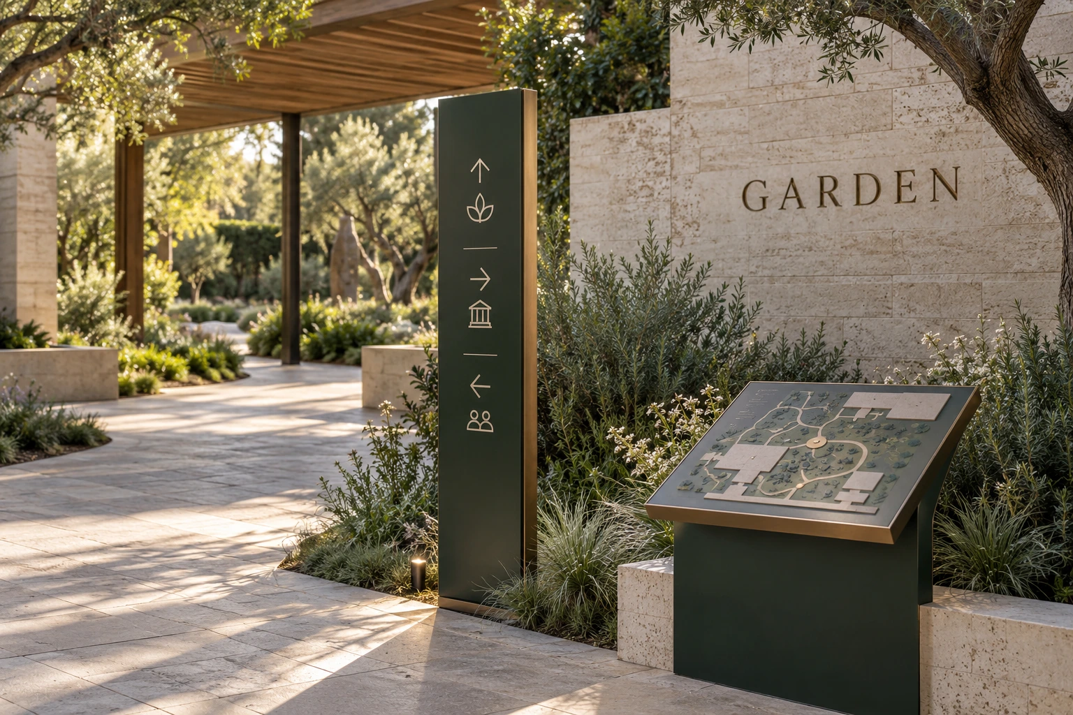 Photoreal concept of a coordinated garden wayfinding system with a freestanding directional sign, a tactile map, and architectural lettering.