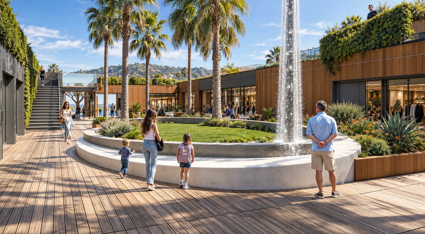 Entry threshold visualization with wood-clad architecture, a pedestrian figure, and dense planting