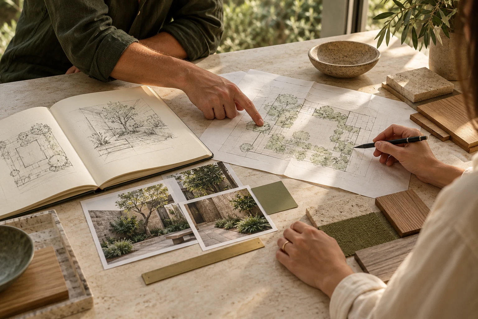 Concept photograph of a design team gathering plans, sketches, reference photographs and material samples around a studio table.